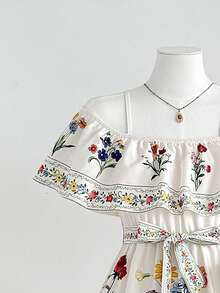 SHEIN 少女优雅露肩荷叶边领A字连衣裙，适合夏季、度假、婚礼、生日、节日等场合 - 白色 - 查看 5