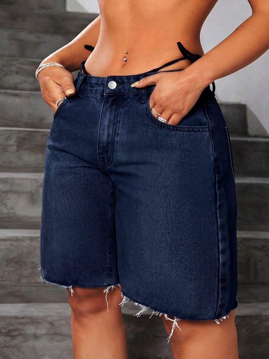 SHEIN EZwear 夏季大码水洗牛仔休闲短裤 - 深色水洗藍 - 查看 1
