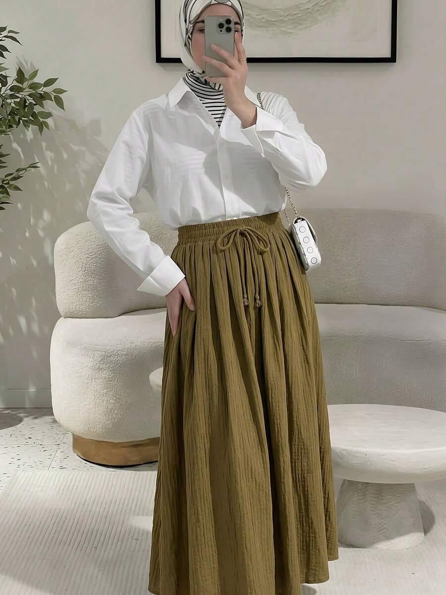 Solavon 女士纯色抽绳腰休闲办公半身裙