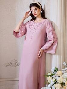 Al Najma Đầm dài tay đính đá kiểu Ả Rập dành cho nữ - Hồng - Xem 7