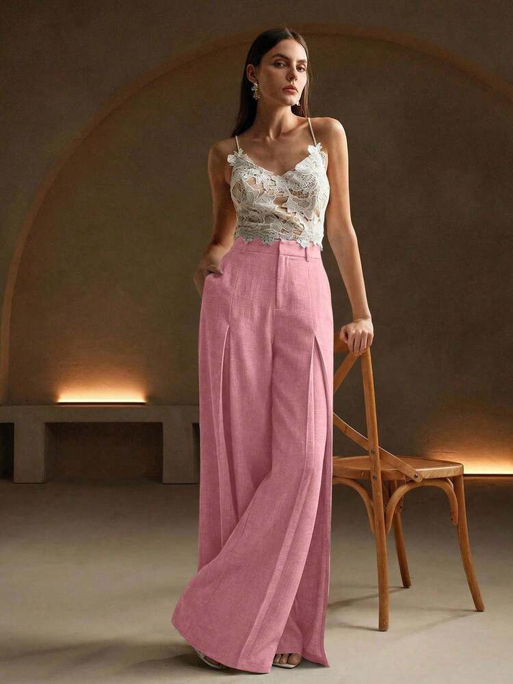 Women's Pleated Design Wide Leg Relaxed Fit Elegant Dress Pants