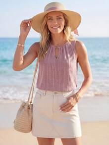 Sylviya Women's Solid Color Keyhole Neck Casual Rib-Knit Tank Top - Dusty Pink - View 3