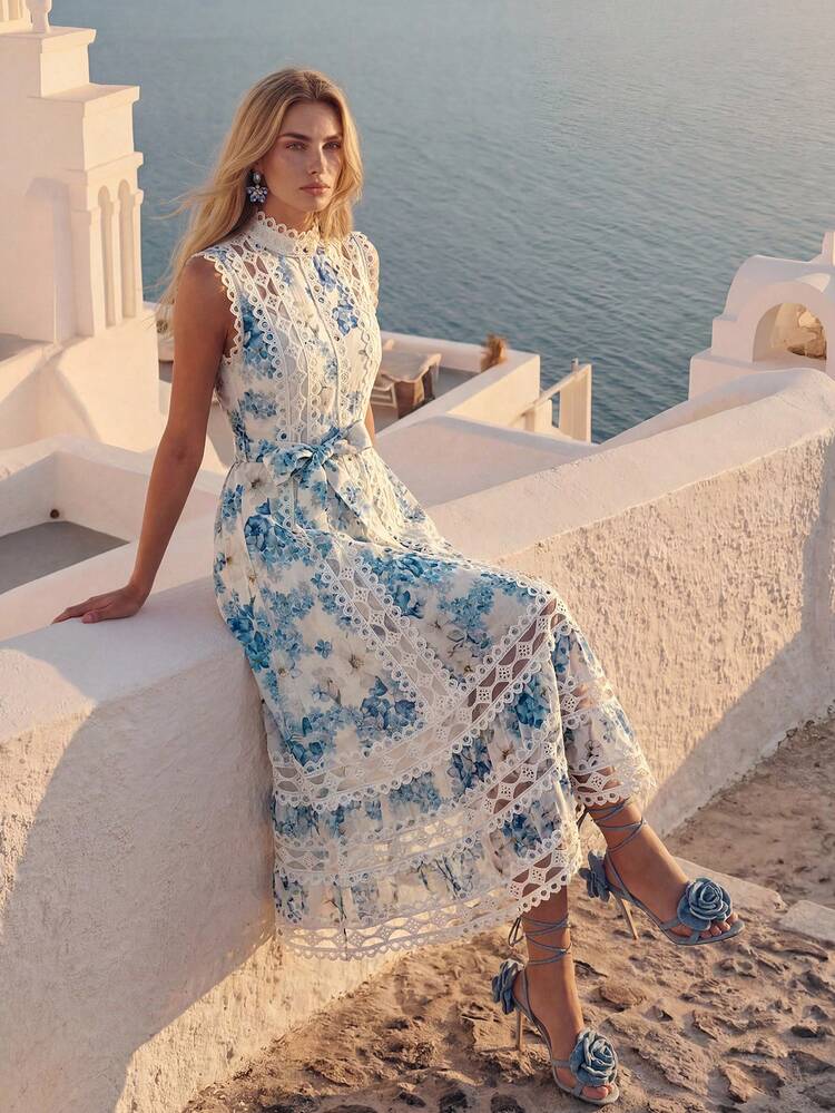 Women's Spring/Summer New Arrival Mandarin Collar Sleeveless Delicate Hollow Lace Patchwork Blue Floral Print Maxi Vacation Dress