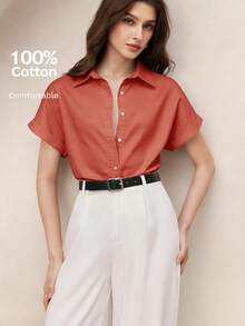 BizChic Áo sơ mi nữ cơ bản mùa xuân/hè mới, cổ bẻ, cài cúc phía trước, tay ngắn, có cổ tay áo, kiểu dáng thường ngày. - trái cam - Xem 2