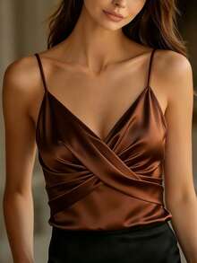 SHEIN Áo tank top hai dây ôm sát, cổ chữ V, chất liệu satin trắng ngọc trai, kiểu dáng đan chéo. - màu nâu - Xem 5