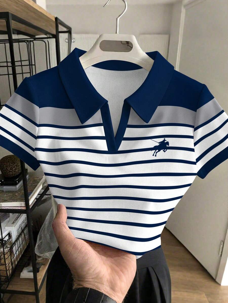 Rovax Women's Short Polo Shirt With Striped Horse Riding Print, Contrast Color Collar - Multicolor - View 1