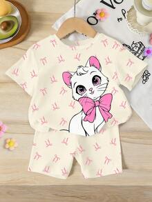 Elladie kids 一套女童休闲时尚甜美可爱蝴蝶结印花粉色大蝴蝶结猫咪图案短袖T恤和骑行短裤套装，适合外出、休闲、节日等场合。浅杏色夏季套装 - 彩色 - 查看 3