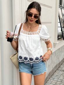Serisse Women's Contrast Color Square Collar Short Sleeve Lace Patchwork Embroidered Floral Blouse, Summer,Summer Top - Baby Blue - View 6