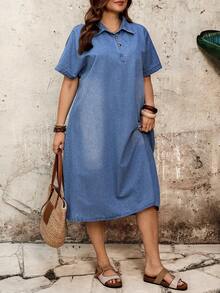 EMERY ROSE Mature Denim Women's Plus Size Dusky Blue Denim Shirt Dress,Summer Casual Vacation Collared Batwing Sleeve Half-Button Back Slit A-Line Loose Dress With Pockets - Blue - View 5