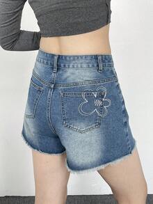 DAZY Short en jean décontracté à jambe droite avec ourlet effiloché et imprimé graphique pour femmes, shorts d'été - Bleu azur - Voir 3
