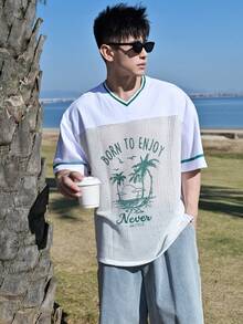 DAZY Camiseta de malla de verano para hombre con estampado de palmeras y letras en parches - Blanco - Ver 5