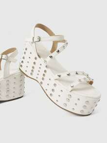 Grunge Punk Ladies, Spike Buckles, Lame-Heeled Platform Sandals. - White - View 5