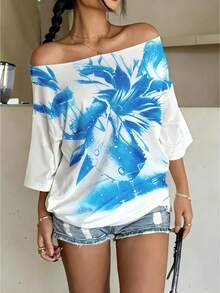 Camiseta holgada de mujer con estampado floral y hombros descubiertos, para verano - Multicolor - Ver 3