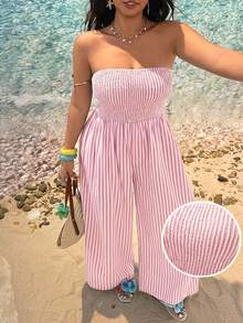 GalTyme Bộ áo liền quần nữ cỡ lớn hở lưng ống rộng kẻ sọc hồng, áo liền quần mùa hè không dây vai kẻ sọc, trang phục đi biển. - Hồng - Xem 8