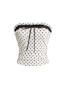 Sweetness Spring/Summer Women's Cute Sweet Ruffled Polka Dot Print Contrast Color Lace Bow Bandeau Top - Apricot - View 1
