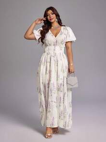 Viva Relle Plus Size Ditsy Floral Elegant Flowy Dress - Apricot - View 6