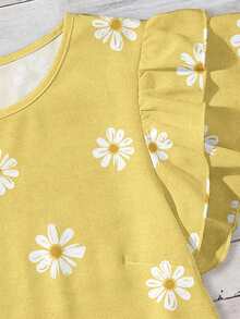Mellowie Plus Size Round Neck Cap Sleeve Ruffle Hem Floral Print Casual Summer Shirt - Yellow - View 4