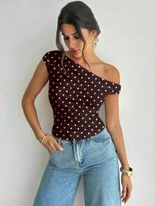 Firerie Blusa asimétrica elegante con pliegues, blusa retro de lunares, adecuada para vacaciones, salidas casuales, viajes vintage - Marrón - Ver 6