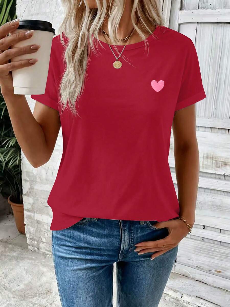 Selamara Women's Spring/Summer New Heart Print Casual Round Neck T-Shirt - Red - View 1