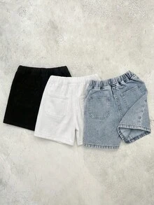 SHEIN 3件套男童宽松阔腿牛仔短裤，蓝色、黑色、白色可选 - 彩色 - 查看 2