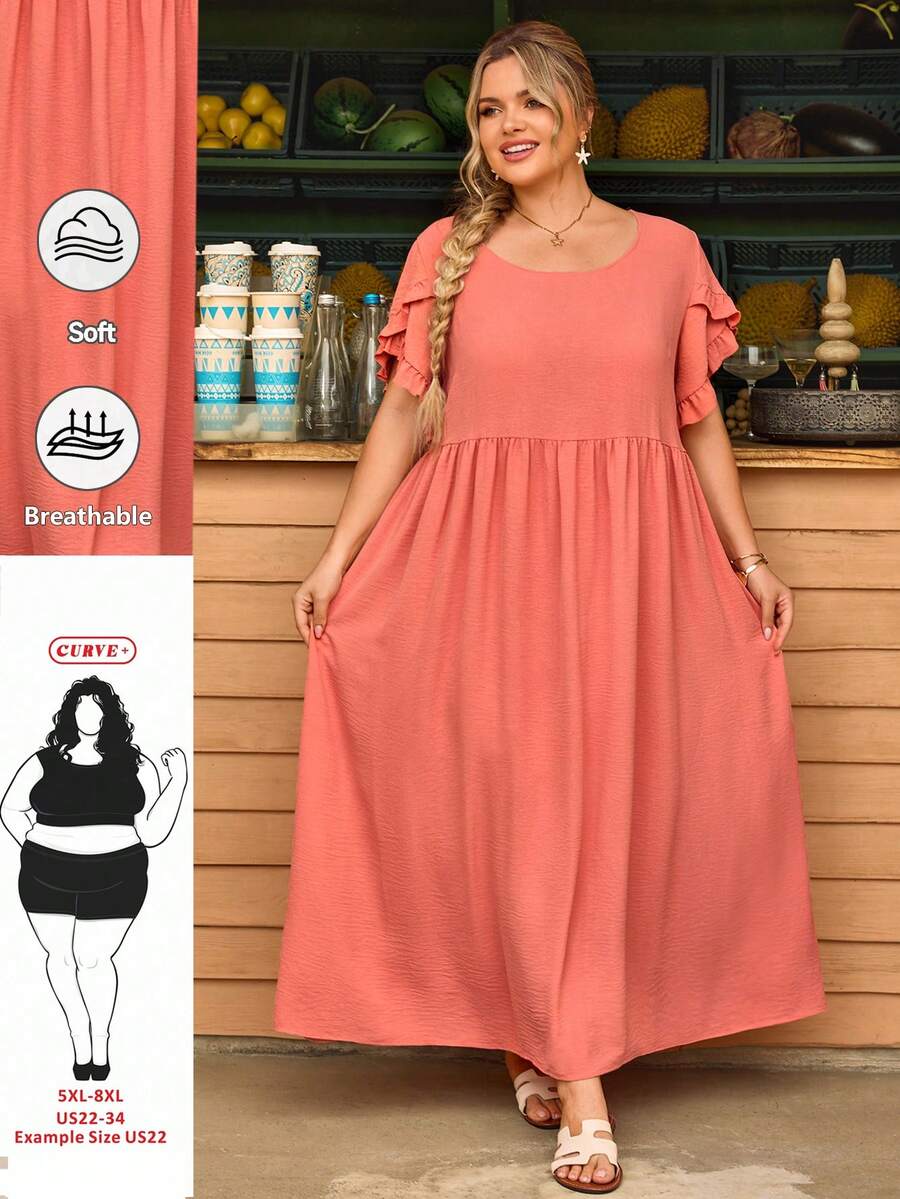 SHEIN CURVE+ Curve 尺码 US22 音乐节、海滨度假、波西米亚风随机印花休闲假日风格数码印花宽松短袖连衣裙 - 粉色 - 查看 1