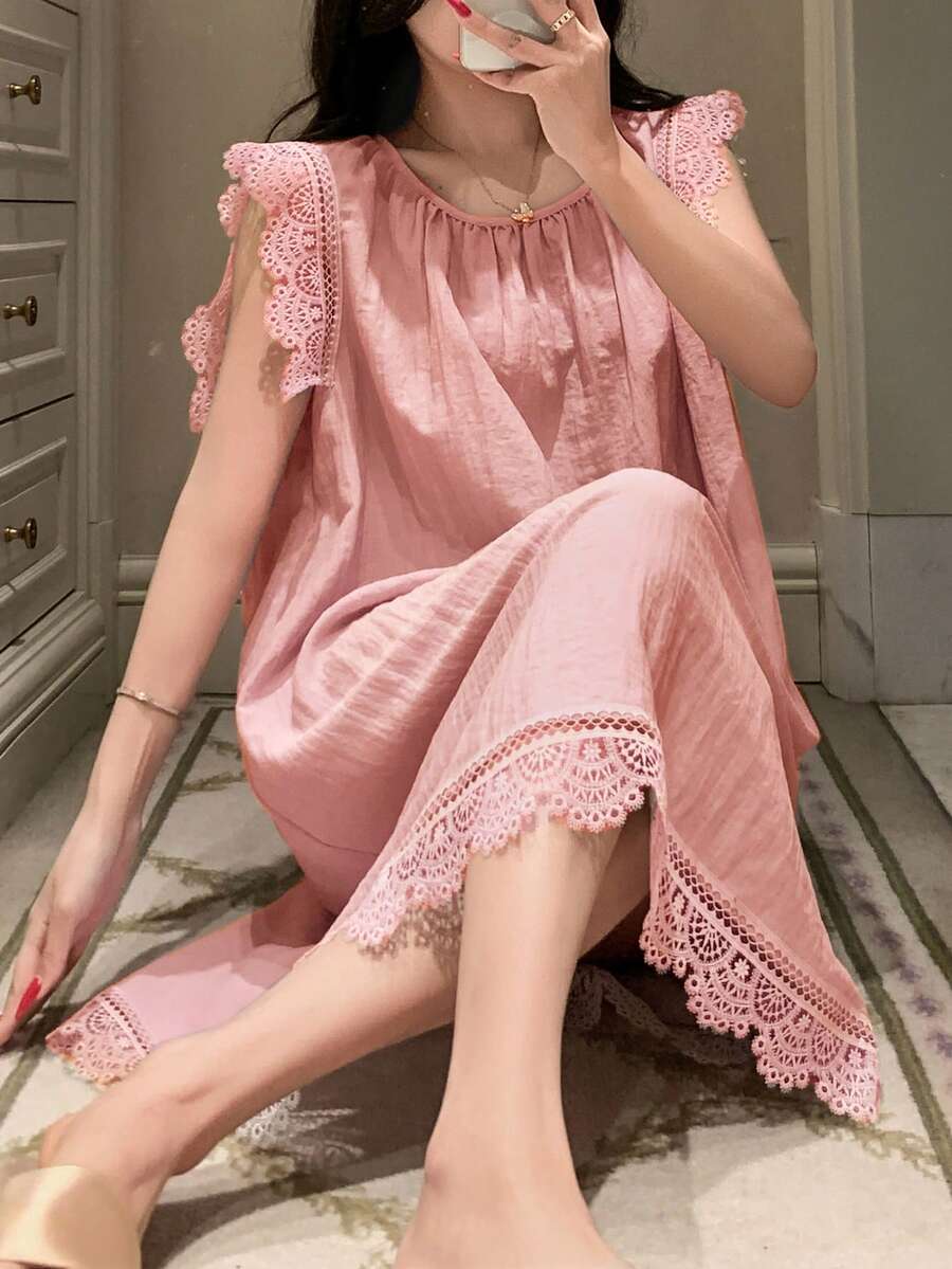 DAZY 蕾絲拼接百褶寬鬆短洋裝,女款夏季睡裙睡衣 - 粉色 - 查看 1