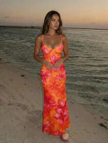 Aloruh 夏季度假吊带系带紧身性感橙色涂鸦印花连衣裙，适合夏季、海滩、夏威夷风情碎花等场合，也适合海滩、音乐节等场合。 - 橘色 - 查看 2