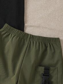 SHEIN Streecool Kids Bộ áo thun ngắn tay và quần short in họa tiết mùa hè cho bé trai. - xanh quân đội - Xem 5