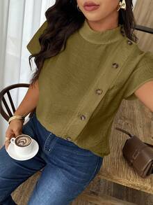 Weeklong Blusa suelta con botones asimétricos de estilo casual para mujer, adecuada para uso diario y atuendo de oficina, primavera/verano - Verde militar - Ver 1