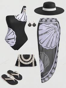 Swim Oasis 2026 New Holiday Wrap Skirt Beach Gym Summer Vacation Shell Print Asymmetric Neckline Design Island Vibe Adjustable Side Tie Lightweight Cover-Up - Black and White - View 6
