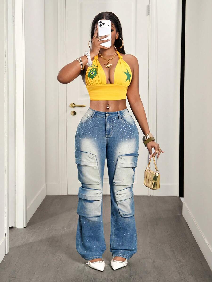 Slaydiva Jeans casuales de uso diario con botones, bolsillos y adornos de strass para mujer - Marrón - Ver 1