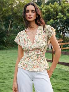 Women's Casual Ditsy Floral Pleated Blouse - Multicolor - View 5