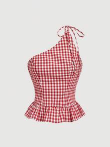 SHEIN MOD 女士系带肩部格子荷叶边时尚夏季衬衫 - 紅白色 - 查看 5