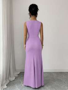 xheSHEIN Elenzya Vestido elegante y romántico para damas, con cuello cuadrado sin mangas, decoración de perlas en la cintura, plisado, abertura, ajustado, ligero, para fiesta y cóctel, con bajo de cola de sirenaxhe - Púrpura malva - Ver 2