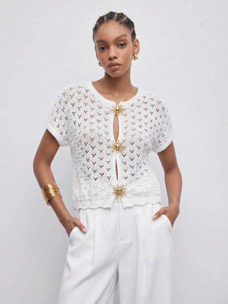 SHEIN Maija MAIJA Women's Boho Open Knit Gold Sunflower Clasp White Crochet Crop Top,Elegant Paris Brunch Summer Outfits,Short Sleeve Mesh Cover Up,White And Gold