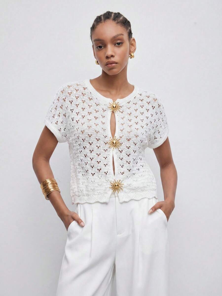 MAIJA Women's Boho Open Knit Gold Sunflower Clasp White Crochet Crop Knit Top, Elegant Paris Brunch Summer, Short Sleeve Mesh Cover Up, White And Gold - White - View 1