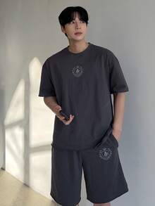 DAZY 男士字母印花灰色短袖T恤和短裤套装，夏季 - 灰色 - 查看 8