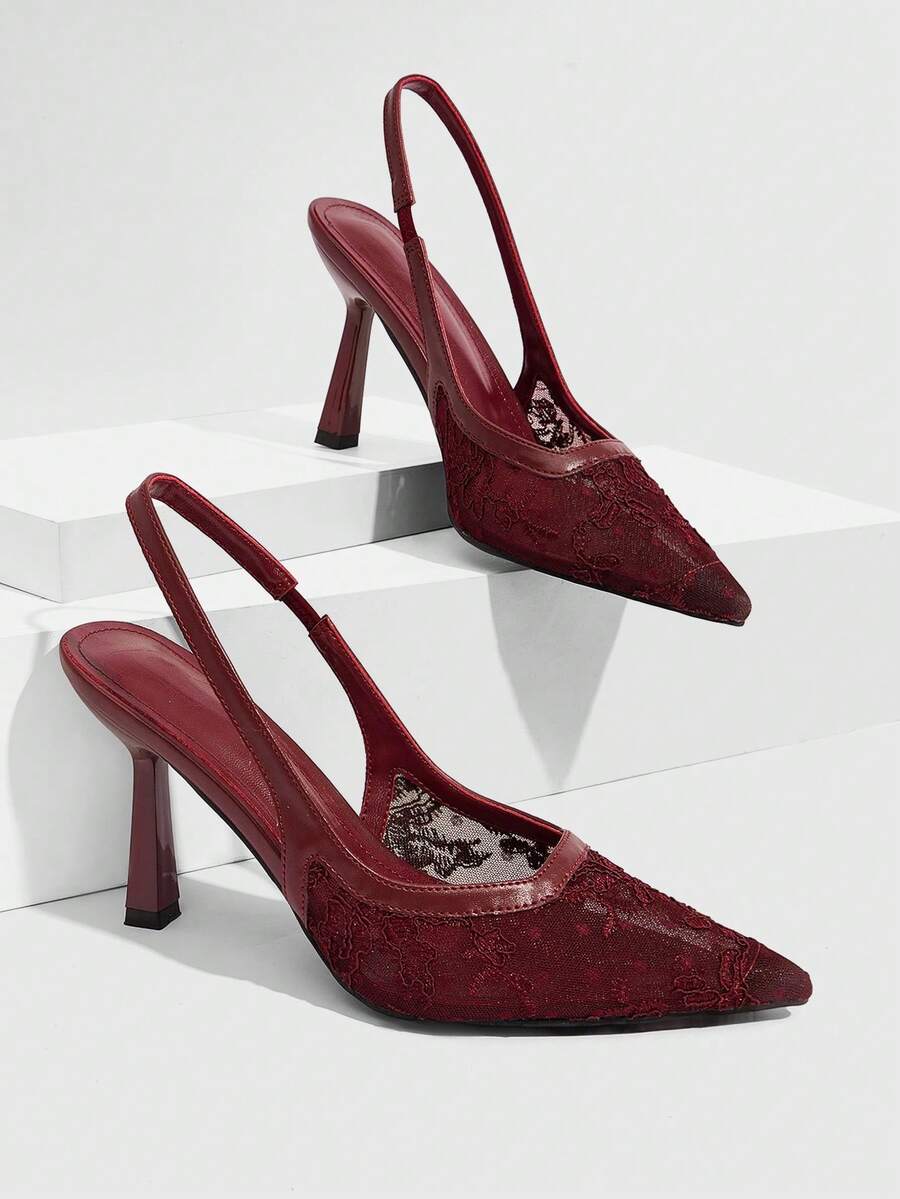 CUCCOO SZL Women's Fashion Lace Backstrap Pointed Toe Stiletto High Heel Shoes, Suitable For Commute, Date, Party, Holiday, Wedding For Christmas - Burgundy - View 1