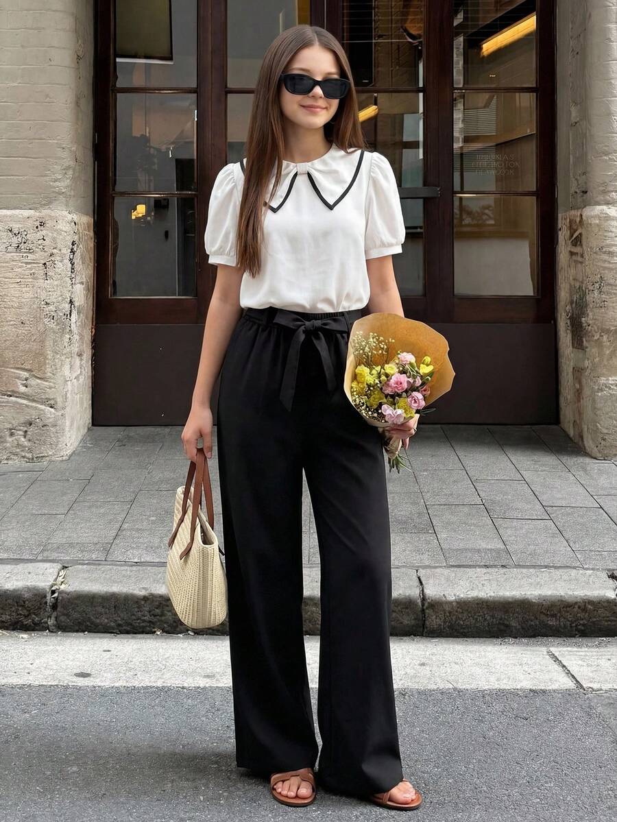 SHEIN Teen Girl Peter Pan Collar Puff Sleeve Shirt And Wide Leg Pants Casual Outfit - Black and White - View 1