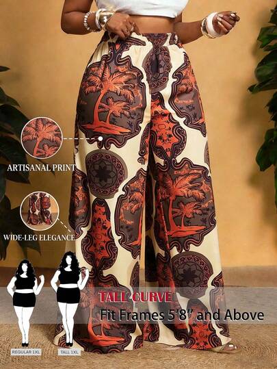 SHEIN Tall CURVE Quần dài cỡ lớn in họa tiết nhiệt đới kiểu dáng thường ngày
