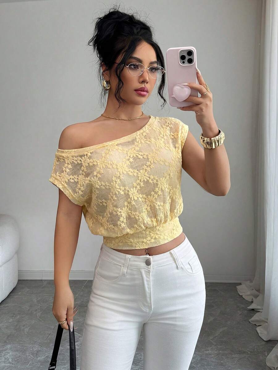 SHEIN Elenzya Asymmetric Neckline Multi-Wear Design Casual Elegant Knit Slim Fit Blouse For Women - Light Yellow - View 1