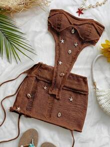 Soleia Vacation Beach Shell Decor Tube Top Knit Blouse And Skirt Set - Coffee Brown - View 5