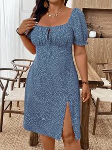 SHEIN Clasi Plus Size Polka Dot Print Slit Dress, Casual Holiday Style - Dusty Blue - View 3