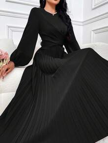 Modelyn 女士优雅交叉裹身系带灯笼袖褶边端庄长袖阿拉伯连衣裙，纯色长款晚礼服 - 黑色 - 查看 6