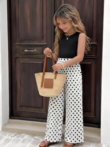 SHEIN Tween Girls' Sleeveless Round Neck Tank Top Paired With Rainbow Pleated Wide Leg Pants Set, Suitable For Commuting & Casual Wear, Spring/Summer - Multicolor - View 1
