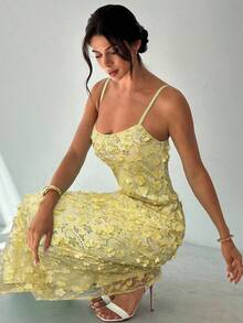 Firerie Women's Elegant Summer Wedding Guest Party Cocktail Dress, Yellow Sequin Embroidered Spaghetti Strap, Fitted Silhouette, Back Slit Hem, Long - Yellow - View 4