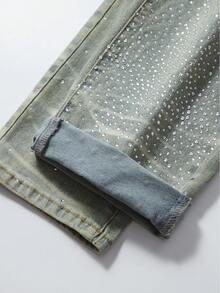ROMWE MEN Jeans vintage desgastados y lavados con decoración de rhinestones para hombres - Bronce - Ver 7