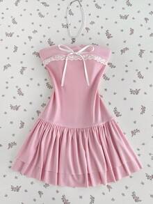 Elamini Women's Sweet Contrast Lace Strapless Mini Dress, Summer - Pink - View 5