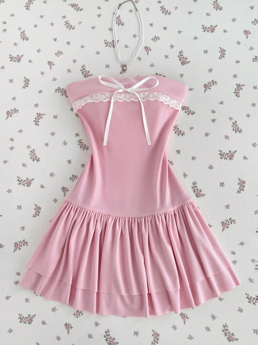 Elamini 女士甜美撞色蕾丝无肩带迷你连衣裙，夏季 - 粉色 - 查看 1