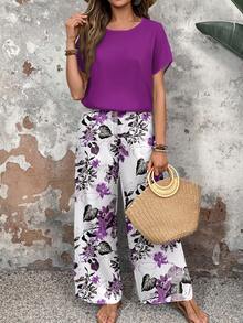 Faunlyn 2pcs/Set Women Casual Round Neck Top And Loose Pants, Versatile Outfit Suitable For Spring And Autumn - Purple - View 1